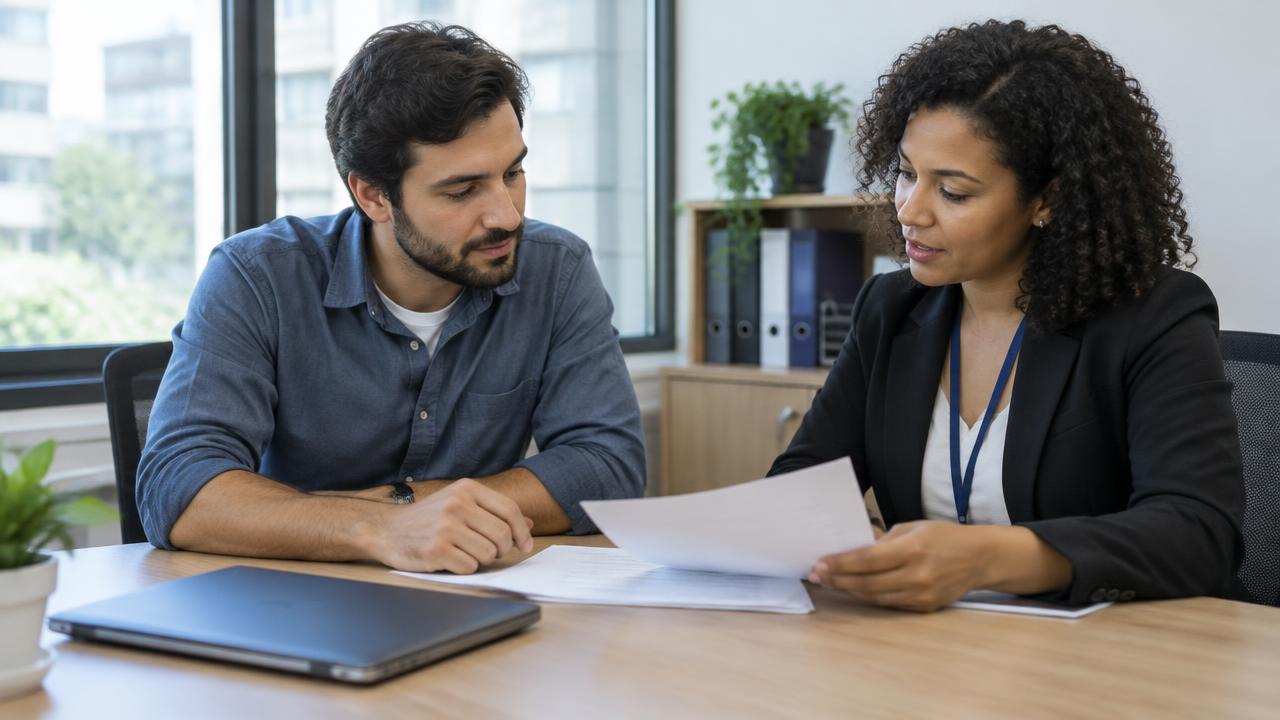 Trabalhador conversando com uma profissional de recursos humanos sobre licença-paternidade