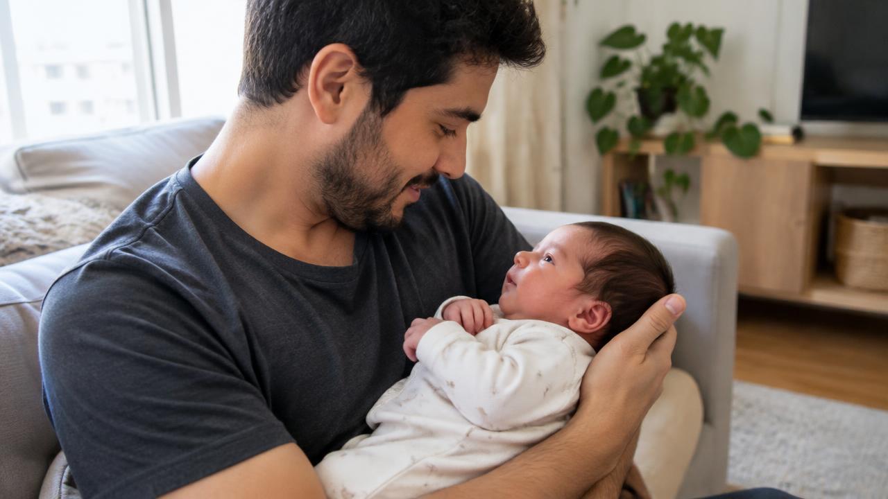 Pai segurando seu bebê recém-nascido durante os cuidados em casa